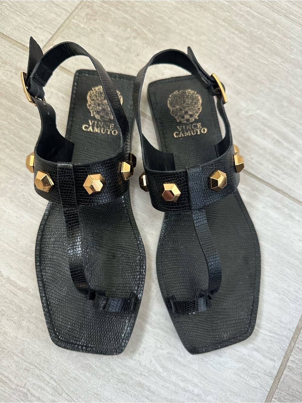 Vince Camuto Black T-Strap Sandals with Gold Hex Studs